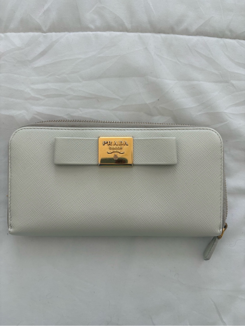 Prada Cream Saffiano Leather Bow Zip Wallet with Gold Plaque